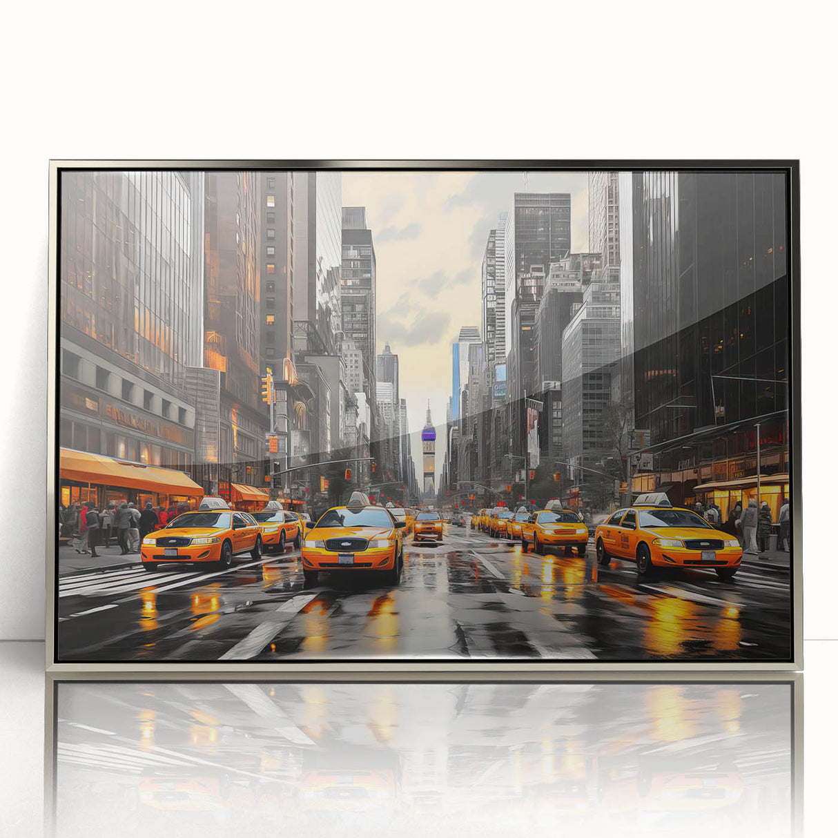 Mid-century modernist art deco poster of Manhattan skyline in silver acrylic frame, suitable for modern art wall decor.