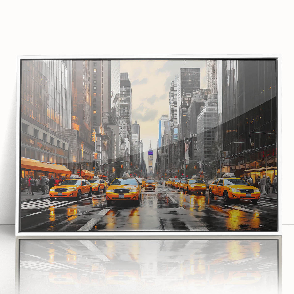 Acrylic print of Manhattan skyline in art deco style, with muted gray and blue tones, ideal for modern art wall decor.