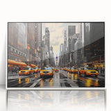Acrylic print of Manhattan skyline in art deco style, with muted gray and blue tones, ideal for modern art wall decor.