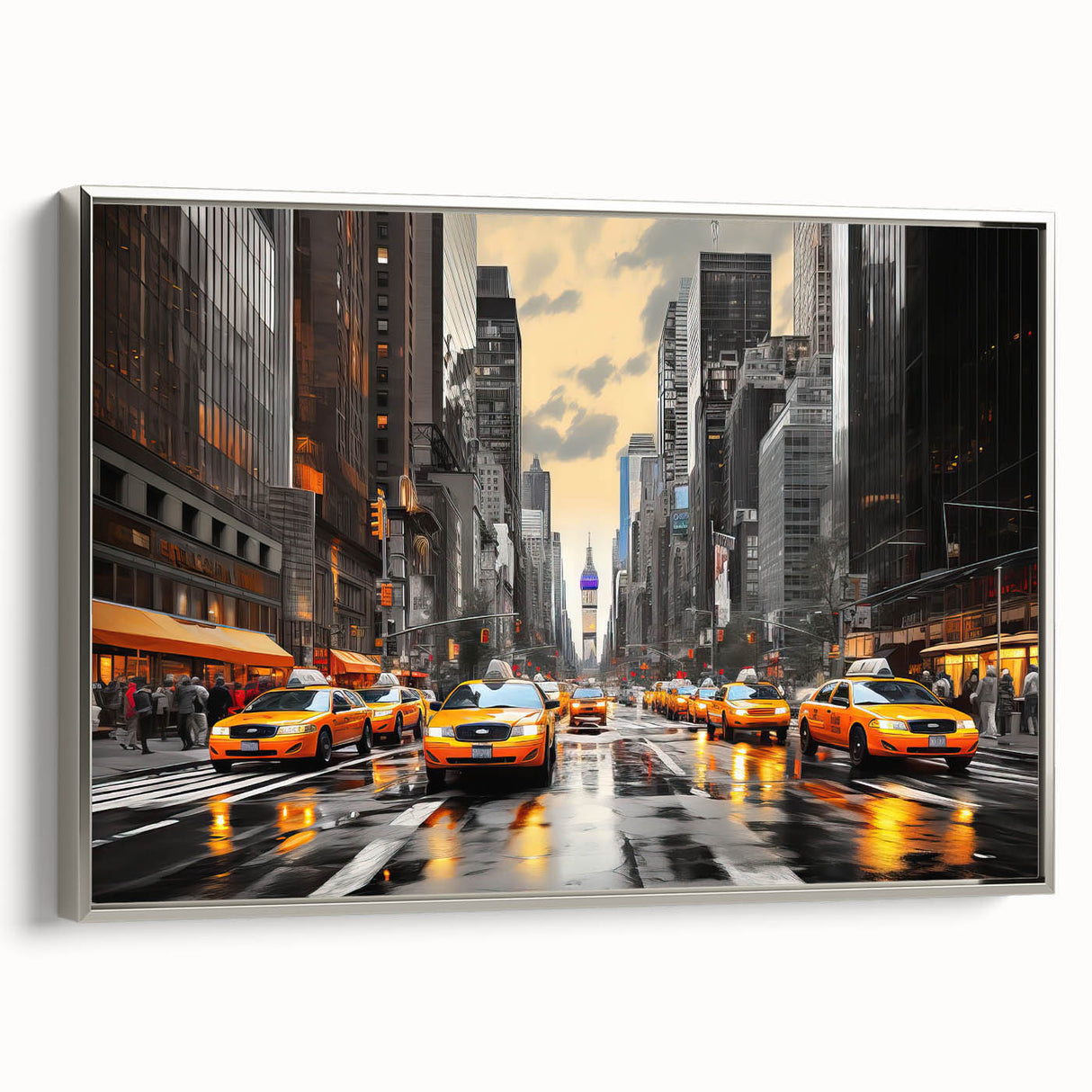 Landscape painting of Manhattan skyline with colorful art on black background, framed canvas, ideal for office decor.
