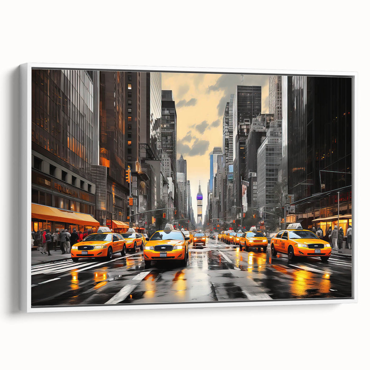 Vintage poster art of Manhattan skyline in colorful hues on a large framed canvas, ideal for living room decor.