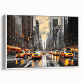 Vintage poster art of Manhattan skyline in colorful hues on a large framed canvas, ideal for living room decor.