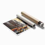Extra large rolled print of Manhattan skyline in muted gray and blue tones, ideal for classy bathroom wall art.