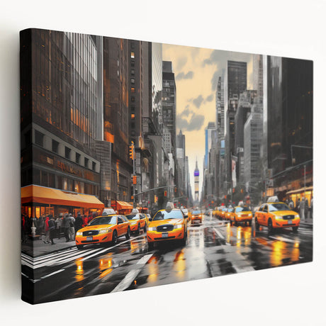 Side view of a large art print featuring the Manhattan skyline in muted gray and blue tones on stretched canvas.