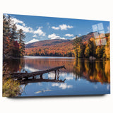 Large abstract depiction of Vermont scenery in vivid green and blue hues on acrylic glass.