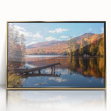 Mid-century modernist Vermont scenery in gold hues on a framed acrylic, ideal for nursery wall art.