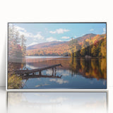 Art deco style poster featuring a serene Vermont landscape in muted green and blue tones, framed in white acrylic.