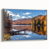 Landscape art painting of a Vermont scenery on framed canvas, featuring muted earth tones and a vintage poster style.