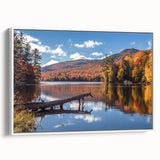 Vintage poster art of a Vermont landscape on a framed canvas, featuring colorful art with black accents.
