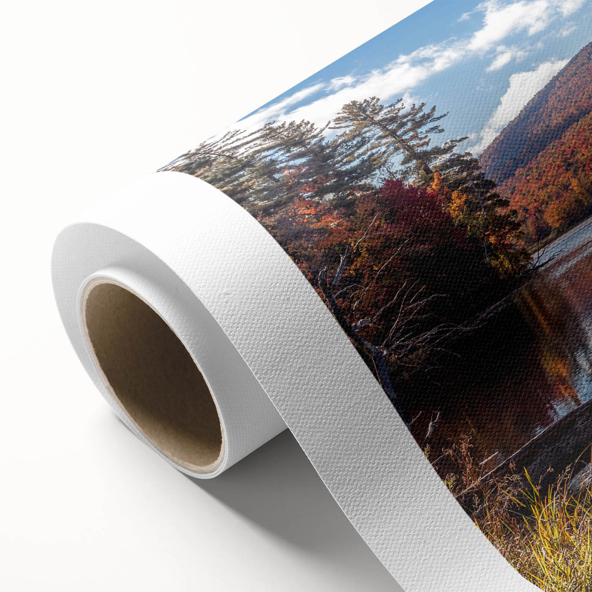 A serene Vermont landscape on rolled canvas, featuring muted green and blue tones.