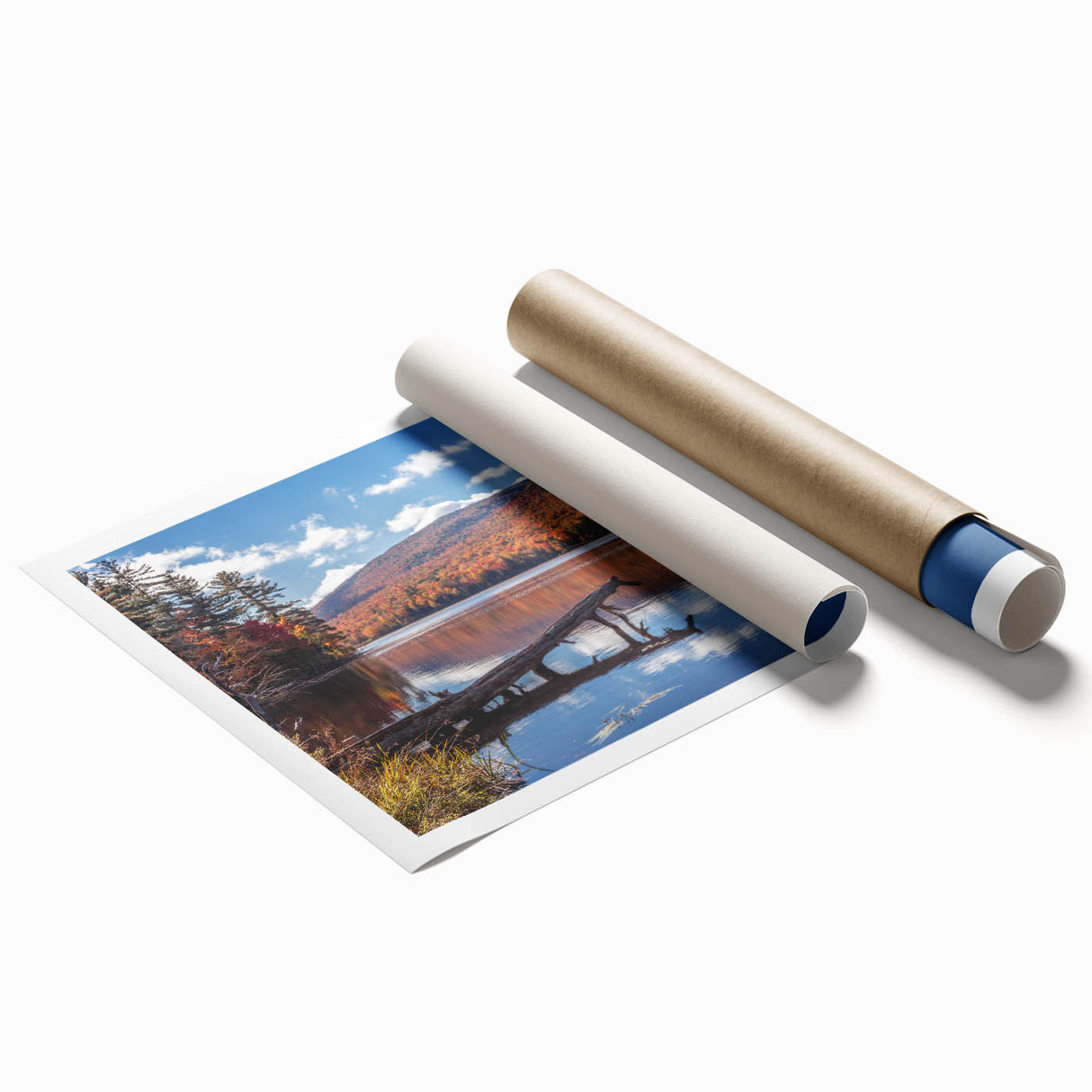 Rolled print of Vermont scenery with floral elements in soft green and blue tones.