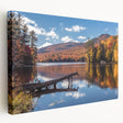 Autumnal Vermont landscape on stretched canvas, featuring warm red and orange tones, ideal for kitchen wall art.