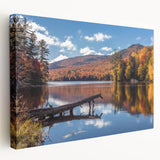 Autumnal Vermont landscape on stretched canvas, featuring warm red and orange tones, ideal for kitchen wall art.