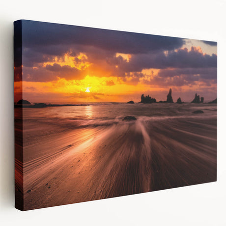 Side view of a stretched canvas featuring a realistic depiction of the Seattle skyline in muted blue and gray tones.
