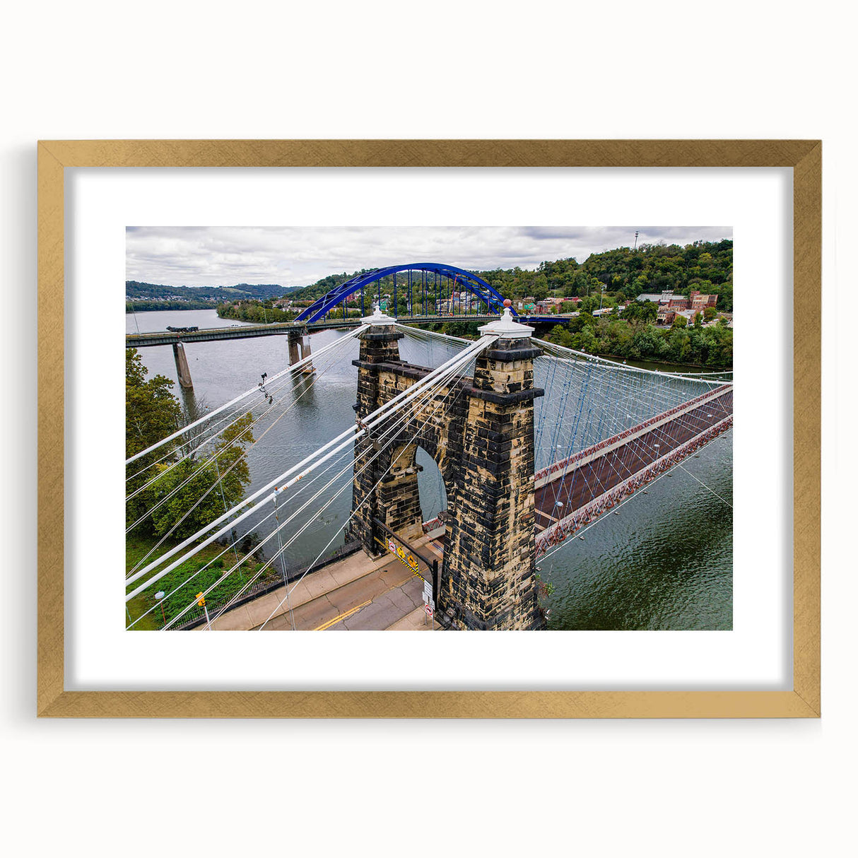 Extra large abstract art print depicting a textured West Virginia scenery in muted earth tones, framed in gold.