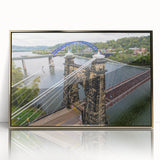 Large art print of a West Virginia landscape in gold and green tones, framed acrylic, mid-century modernist style.