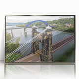 Mid-century modernist art depicting West Virginia scenery in muted earth tones on a framed acrylic print.