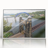 Acrylic print of a serene West Virginia landscape in muted green and blue tones, framed in white.