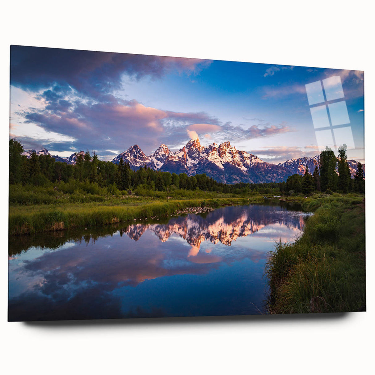 Acrylic print of the Grand Tetons in muted earth tones, ideal for bedroom or dining room art.