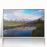 Acrylic print of the Grand Tetons with muted green and blue tones, framed in white, suitable as modern art wall decor.