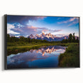Black and white framed canvas of the Grand Tetons landscape, ideal for bedroom wall art.