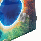 Mid-century modernist style large abstract depiction of Yellowstone scenery in vibrant earth tones on acrylic glass.