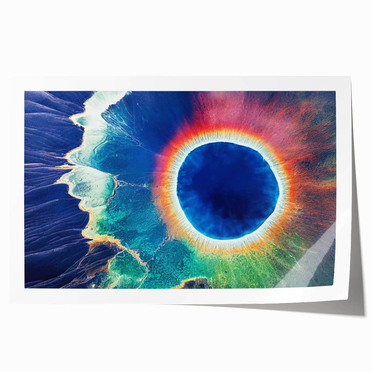 Yellowstone scenic landscape on rolled canvas, featuring serene water and forest in soft green and blue tones.