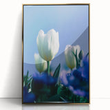 Large art print of a mid-century modernist spring scene in pastel shades, framed in gold acrylic, ideal for nursery wall art.