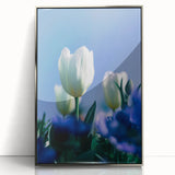 Mid-century modernist art featuring a spring theme with pastel colors on a silver-framed acrylic print.