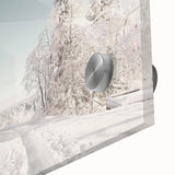 Large abstract wall art in cool blue and white tones on acrylic glass.