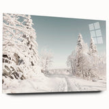 Large abstract wall art of a winter scene in muted blue and white tones on acrylic glass.