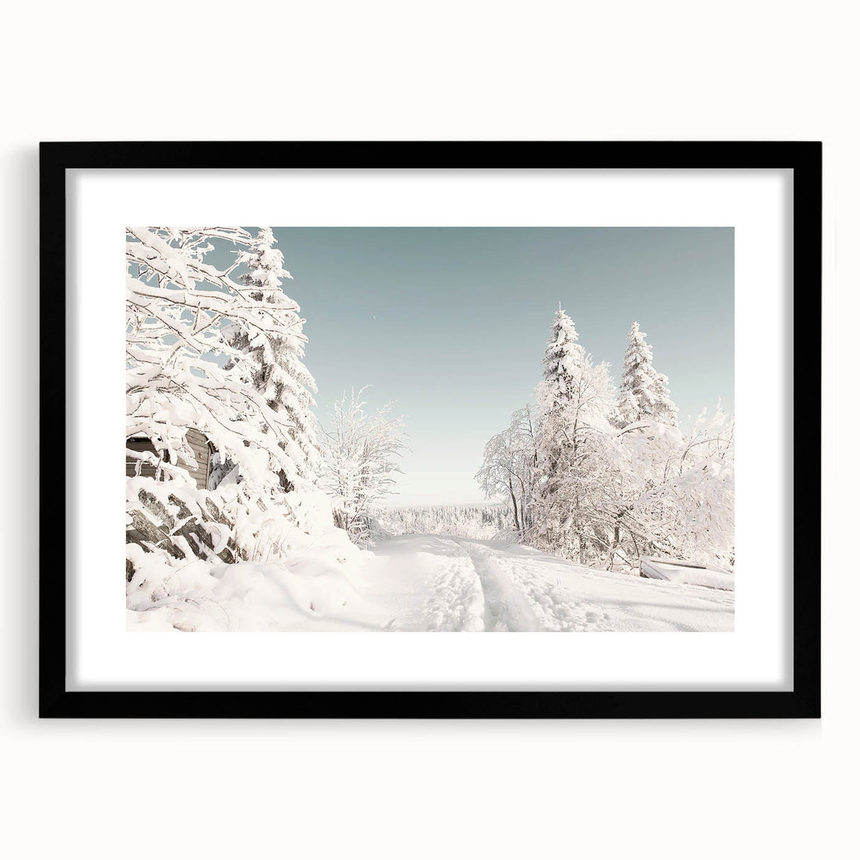 Extra large abstract art print featuring textured layers in vibrant winter hues, framed in black.
