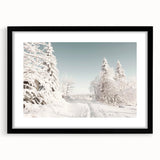 Extra large abstract art print featuring textured layers in vibrant winter hues, framed in black.