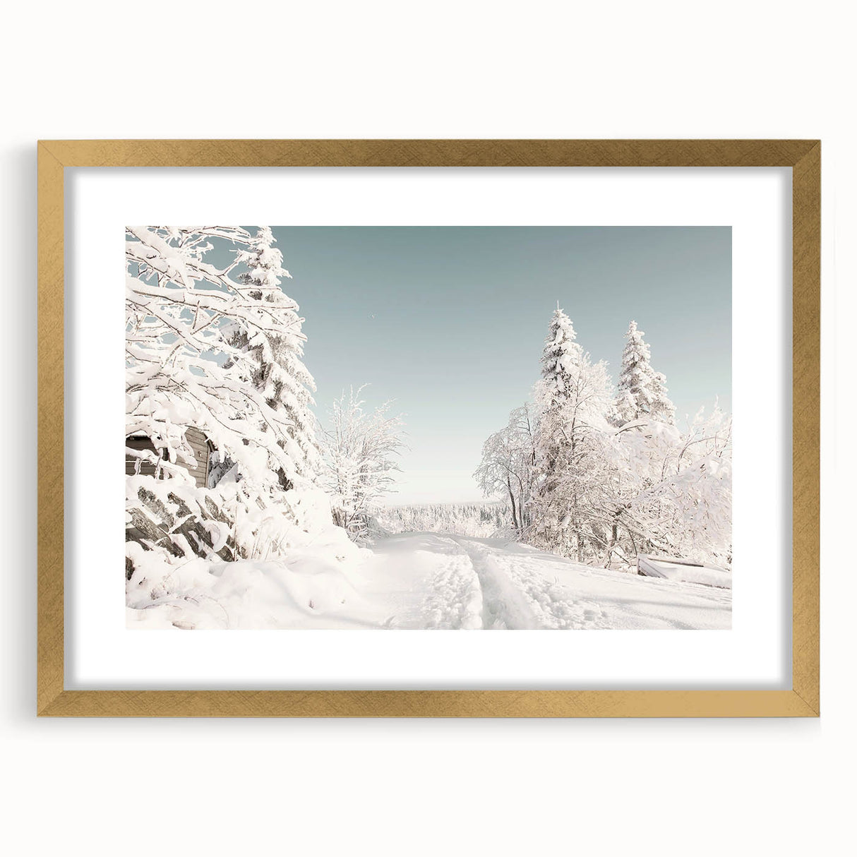 Extra large abstract art print in gold frame with textured white and blue brush strokes, ideal for living room decor.