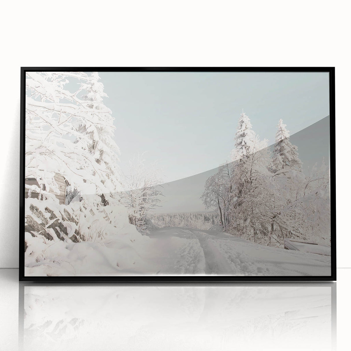 Large abstract wall art featuring winter theme in muted blue and white tones on framed acrylic.
