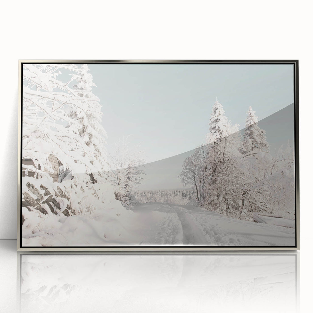 Mid-century modernist art depicting a winter scene in muted blue and white tones, framed acrylic.