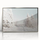 Mid-century modernist art depicting a winter scene in muted blue and white tones, framed acrylic.
