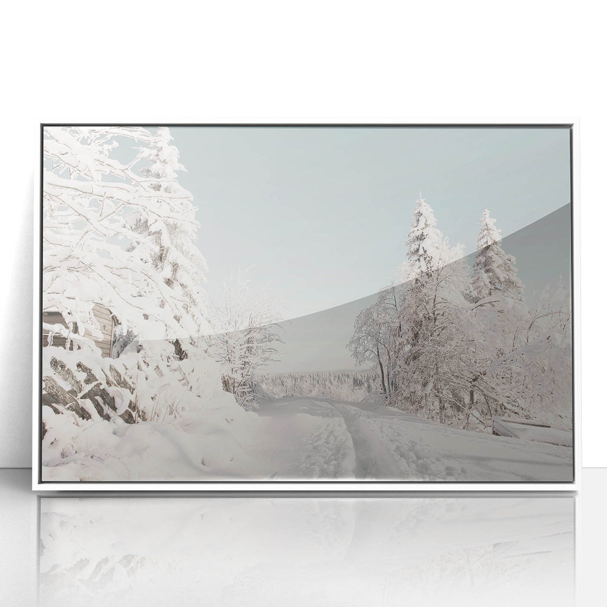 Art deco poster featuring a winter scene in muted blue and white tones on a framed acrylic, ideal for nursery wall decor.