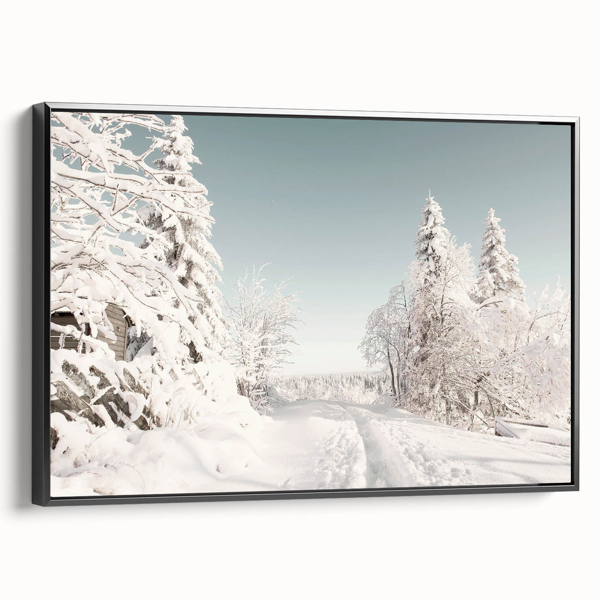 Black and white winter landscape art on framed canvas, featuring bare trees and snow, ideal for bedroom wall decor.
