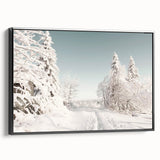 Black and white winter landscape art on framed canvas, featuring bare trees and snow, ideal for bedroom wall decor.