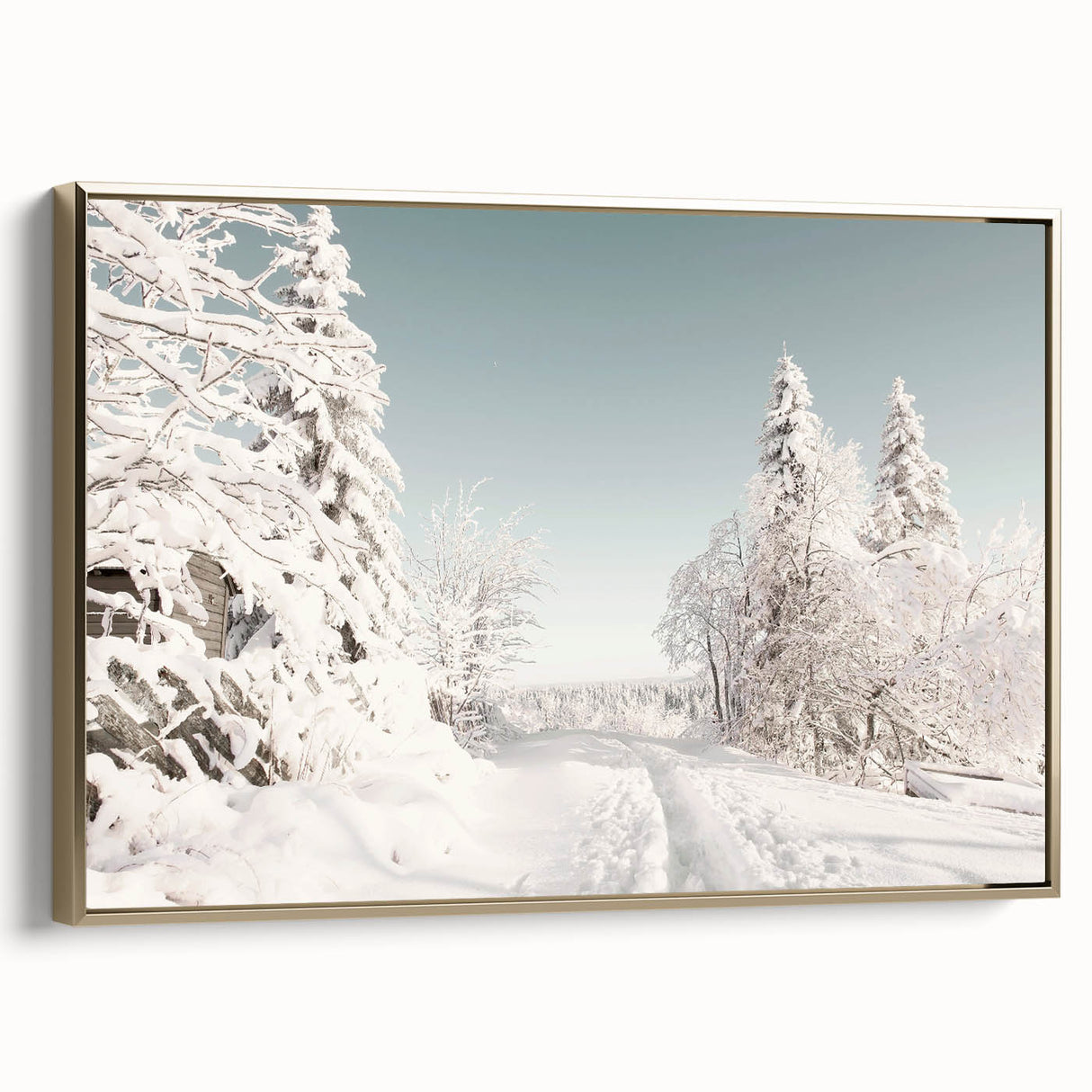 Winter landscape painting on framed canvas, featuring muted white and gray tones, ideal for bedroom wall art.