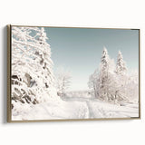 Winter landscape painting on framed canvas, featuring muted white and gray tones, ideal for bedroom wall art.