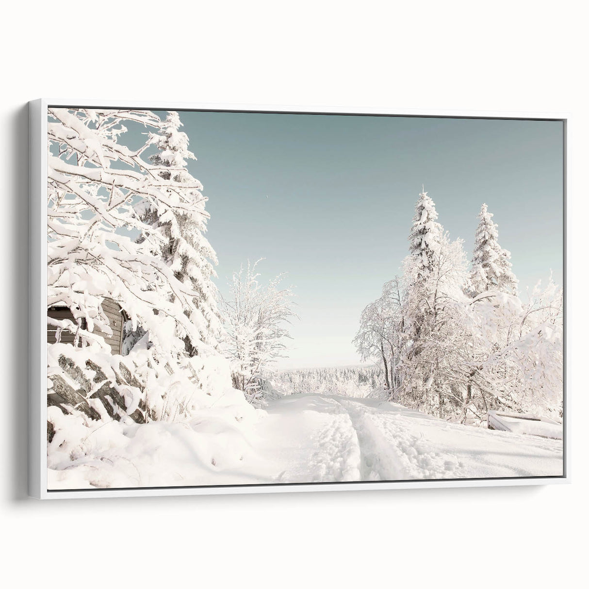 Vintage poster art of a winter scene on framed canvas, featuring a monochrome palette with colorful accents.
