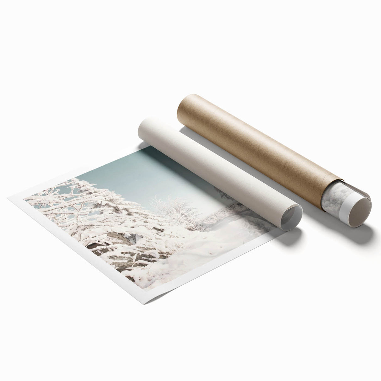 Extra large rolled print featuring a winter-themed floral design in cool blue tones, ideal for classy bathroom wall art.