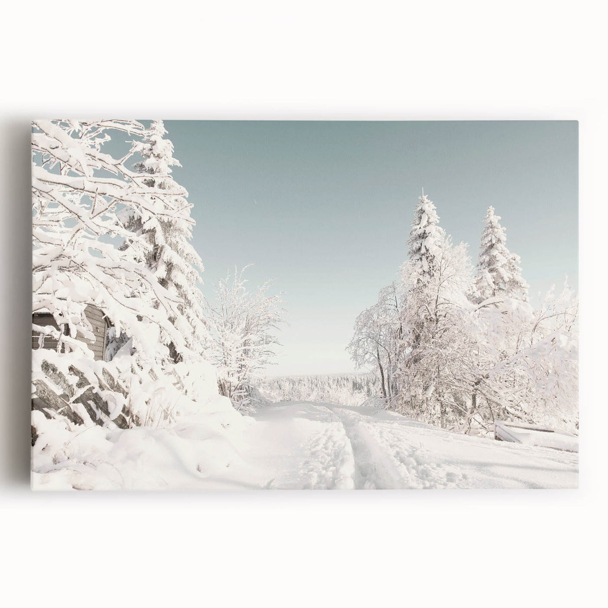 Winter scene in black and white on large stretched canvas, ideal for kitchen wall art.