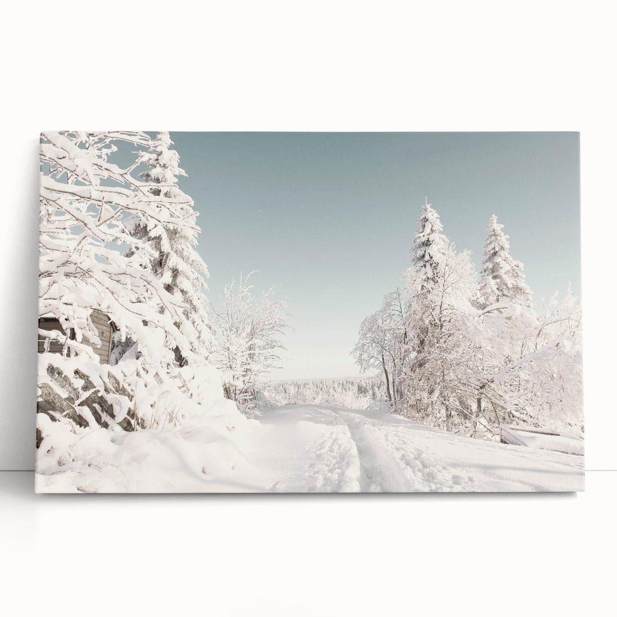 Winter-themed black and white stretched canvas depicting a snowy landscape, ideal for kitchen wall art or bedroom ambiance.