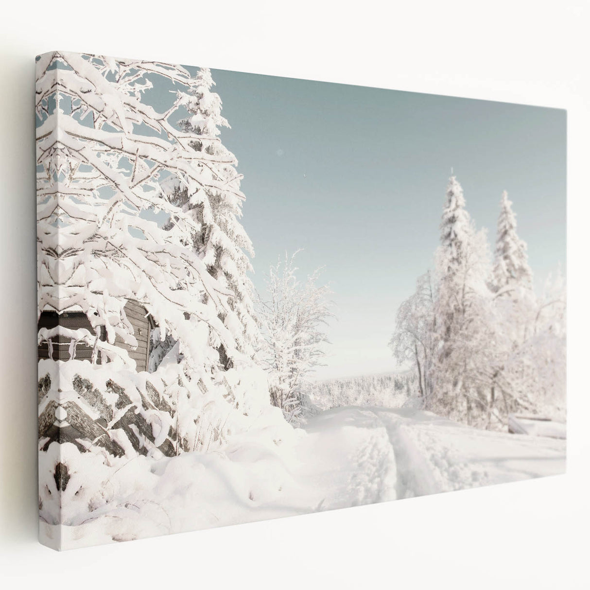 Winter-themed abstract painting on stretched canvas, featuring cool blue and white tones, ideal for kitchen wall art.