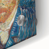 Large abstract wall art on acrylic glass featuring swirls in vibrant blue and yellow tones, ideal for dining room ambiance.