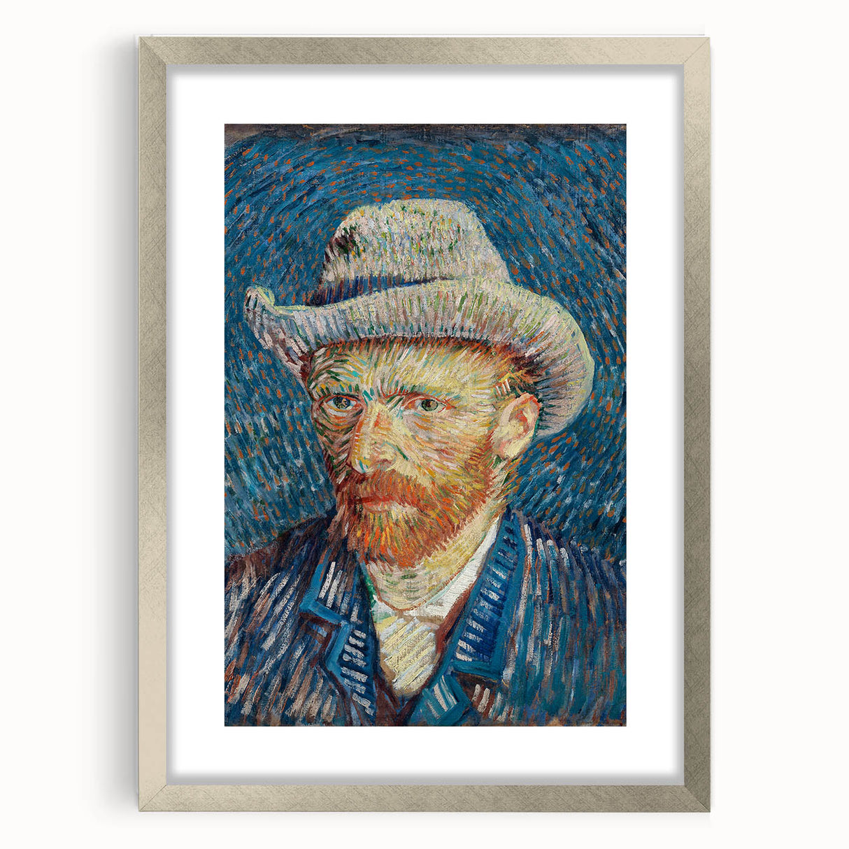 Textured abstract art print in silver frame, featuring dynamic swirl patterns in blues and yellows, suited for bedroom decor.