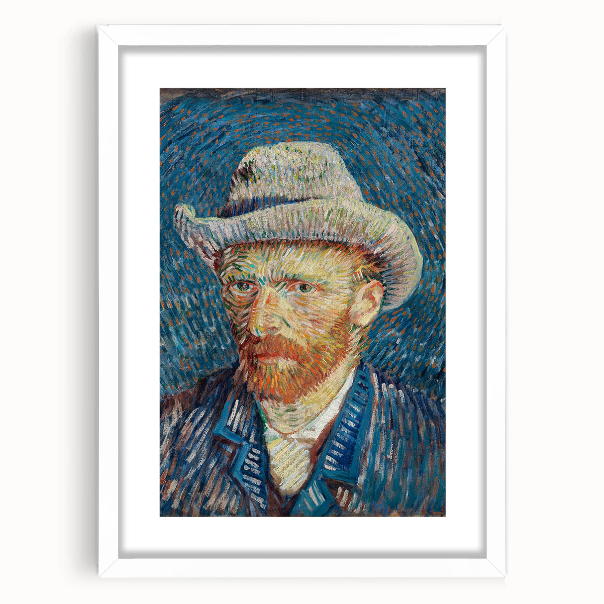 Abstract art print featuring swirling blue and yellow patterns on a white framed canvas.